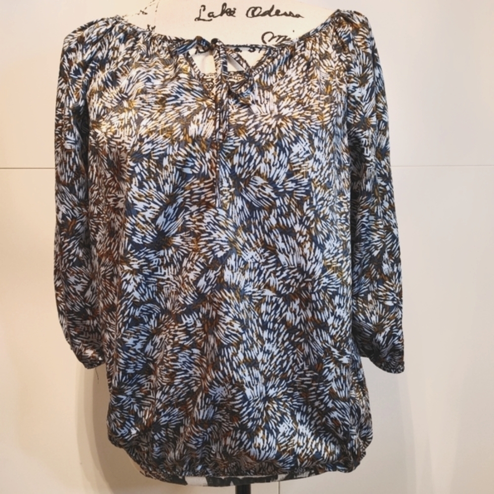 Ellen Tracy Boho Print Blouse Small Tie Neck 3/4 Sleeve Flowy Top Blue Brown - Picture 2 of 6